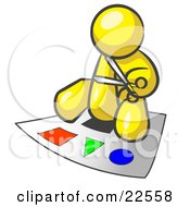 Yellow Man Holding A Pair Of Scissors And Sitting On A Large Poster Board With Colorful Shapes