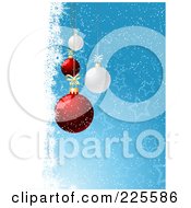 Poster, Art Print Of Vertical Christmas Background Of Red And White Baubles Over Blue Stars And A Border Of Snow Grunge