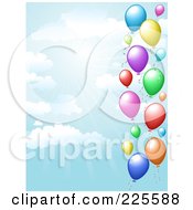 Poster, Art Print Of Party Background Of Colorful Balloons In A Blue Sky With Rays Of Light And Clouds