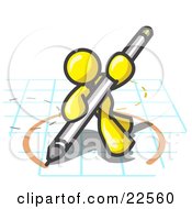 Clipart Illustration Of A Yellow Man Holding A Pencil And Drawing A Circle On A Blueprint by Leo Blanchette