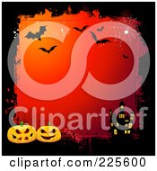 Poster, Art Print Of Gradient Red Halloween Background With A Haunted House Pumpkin And Bat Grungy Border