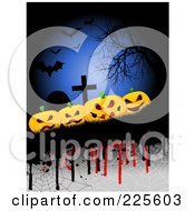 Poster, Art Print Of Halloween Background Of Evil Pumpkins By Tombstones With Drips Webs Bats And A Bare Tree