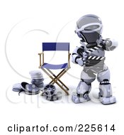 Poster, Art Print Of 3d Robot Holding A Clapperboard And Standing By Film Reels And A Directors Chair
