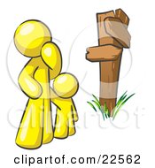 Uncertain Yellow Man And Child Standing At A Wooden Post Trying To Decide Which Direction To Go At A Crossroads
