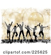 Poster, Art Print Of Silhouetted Dancing People Over A Gold Halftone Christmas Background With Grunge And Snowflakes
