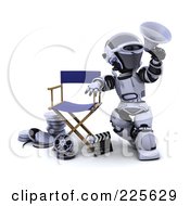 3d Robot Leaning On A Directors Chair Over Film Reels And A Clapper Board Announcing With A Megaphone