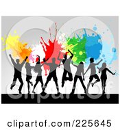 Poster, Art Print Of Silhouetted Adults Jumping Against A Gray Background With Colorful Splatters