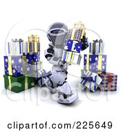 Royalty Free RF Clipart Illustration Of A 3d Robot Moving Stacks Of Christmas Gifts