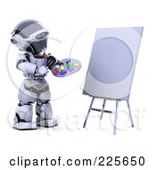 3d Robot Holding A Paint Palette And Gazing At A Blank Canvas