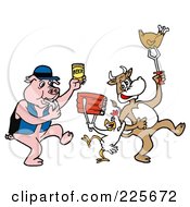 Poster, Art Print Of Pig Blowing A Whistle And Holding Beer By A Cow And Chicken Holding Up Beef And Poultry