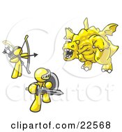 Two Yellow Men Working Together To Conquer An Obstacle A Dragon