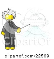 Yellow Einstein Man Pointing A Stick At A Presentation Of A Flying Saucer