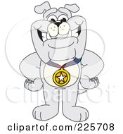 Gray Bulldog Mascot Wearing A Medal
