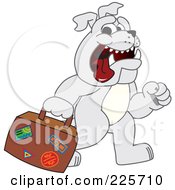Gray Bulldog Mascot Walking And Carrying A Suitcase