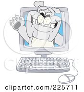 Royalty Free RF Clipart Illustration Of A Gray Bulldog Mascot Waving From A Computer