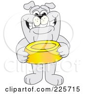 Gray Bulldog Mascot Standing And Holding A Dish