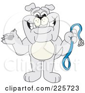 Gray Bulldog Mascot Standing And Holding A Leash by Mascot Junction