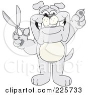 Poster, Art Print Of Gray Bulldog Mascot Standing And Holding Up Scissors