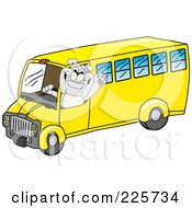 Gray Bulldog Mascot Waving And Driving A School Bus