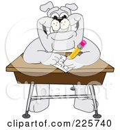 Poster, Art Print Of Gray Bulldog Mascot Doing Homework At A School Desk
