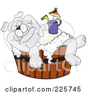 Gray Bulldog Mascot Bathing With A Drink In A Wooden Tub