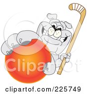 Gray Bulldog Mascot Reaching Up And Grabbing A Field Hockey Ball