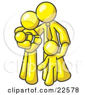 Clipart Illustration Of A Yellow Family Man A Father Hugging His Wife And Two Children by Leo Blanchette