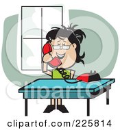 Royalty Free RF Clipart Illustration Of A Happy Woman Talking On A Red Phone By A Table
