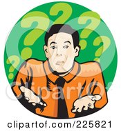 Poster, Art Print Of Businessman Shrugging On Green With Question Marks