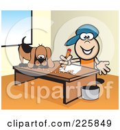 Poster, Art Print Of Boy Doing Homework While His Dog Eats On His Desk