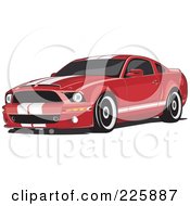 Poster, Art Print Of Red Mustang With White Racing Stripes