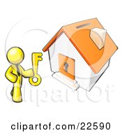 Yellow Businessman Holding A Skeleton Key And Standing In Front Of A House With A Coin Slot And Keyhole