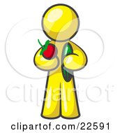 Clipart Illustration Of A Healthy Yellow Man Carrying A Fresh And Organic Apple And Cucumber by Leo Blanchette