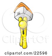 Poster, Art Print Of Yellow Man Holding Up A House Over His Head Symbolizing Home Loans And Realty