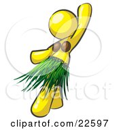 Yellow Hula Dancer Woman In A Grass Skirt And Coconut Shells Performing At A Luau