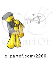Poster, Art Print Of Musical Yellow Man Playing Jazz With A Saxophone