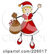 Royalty Free RF Clipart Illustration Of A Stick Girl In A Santa Suit Carrying A Sack And Waving
