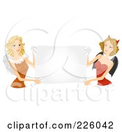 Royalty Free RF Clipart Illustration Of Beautiful Angel And Devil Women Holding A Blank Banner