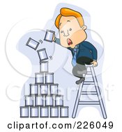 Businessman On A Ladder Stacking Cans On A Falling Pyramid