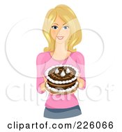 Royalty Free RF Clipart Illustration Of A Pretty Woman Carrying A Chocolate Birthday Cake With Whipped Cream