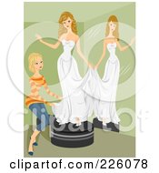 Woman Helping A Woman Try On A Bridal Gown By A Mirror
