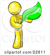 Clipart Illustration Of A Yellow Man Holding A Green Leaf Symbolizing Gardening Landscaping Or Organic Products by Leo Blanchette
