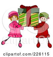 Royalty Free RF Clipart Illustration Of A Stick Boy And Girl Carrying A Big Christmas Present