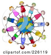 Poster, Art Print Of Diverse Stick Children Holding Hands And Standing On A Globe