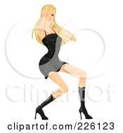 Royalty Free RF Clipart Illustration Of A Beautiful Woman Dancing In Heeled Boots And A Little Black Dress by BNP Design Studio