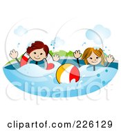 Poster, Art Print Of Stick Boy And Girl Swimming With An Inner Tube And Ball