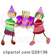 Poster, Art Print Of Stick Boy And Girl Carrying A Birthday Cake