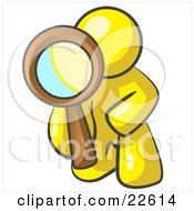 Clipart Illustration Of A Yellow Man Kneeling On One Knee To Look Closer At Something While Inspecting Or Investigating
