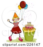 Poster, Art Print Of Stick Birthday Girl With Balloons By A Cake
