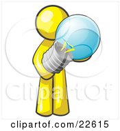 Clipart Illustration Of A Yellow Man Holding A Glass Electric Lightbulb Symbolizing Utilities Or Ideas